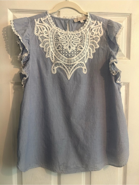 LOFT Tops - Crochet Loft Flutter Sleeve Top - Light Blue and white pin-stripe lace details L